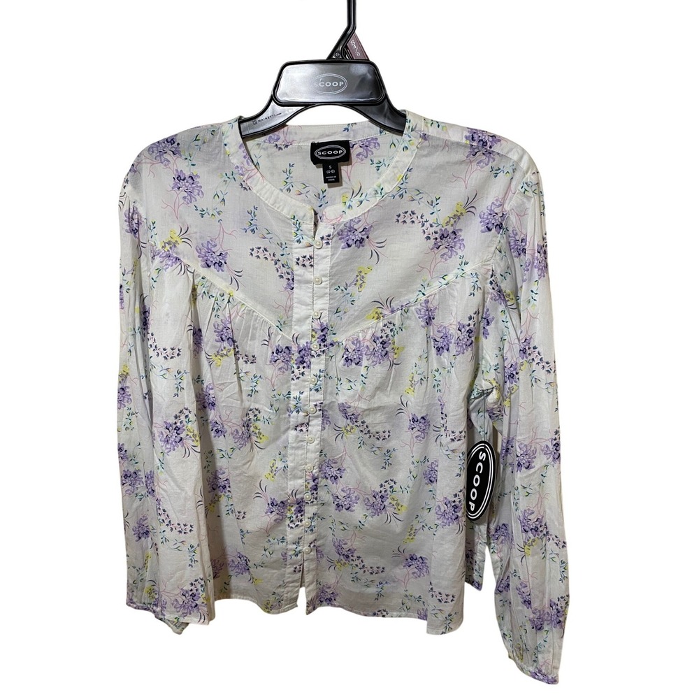 Scoop Women Flowy Blouson Top White Purple Floral Button Front Blouse Small 4-6